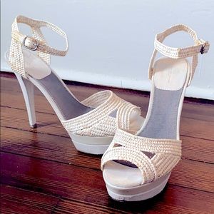 Donna Karan platform stilettos in white raffia